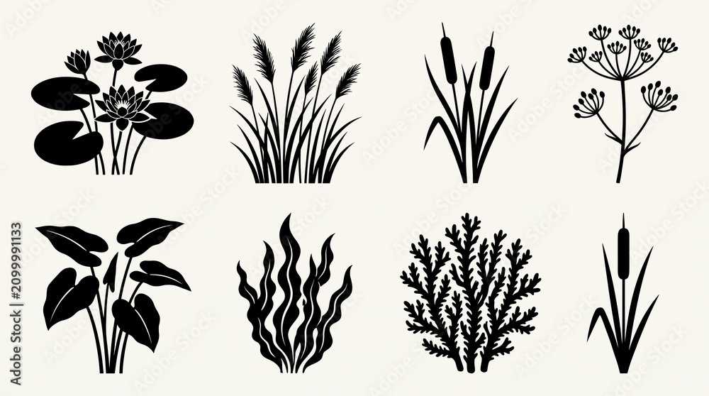 Fototapeta premium Silhouettes of aquatic plants in grid layout, showcasing water lilies, cattails, grasses, and underwater vegetation with bold design.