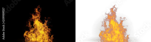 Realistic fire flames with glowing embers and sparks isolated on transparent background. Warm flowing fire effect for overlay design