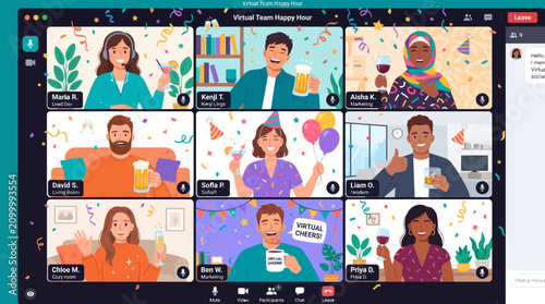 Virtual happy hour social gathering on computer screen with diverse people