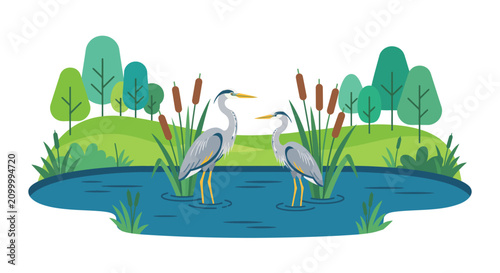 Bild auf Leinwand Herons In Wetland Scene Flat Vector Illustration