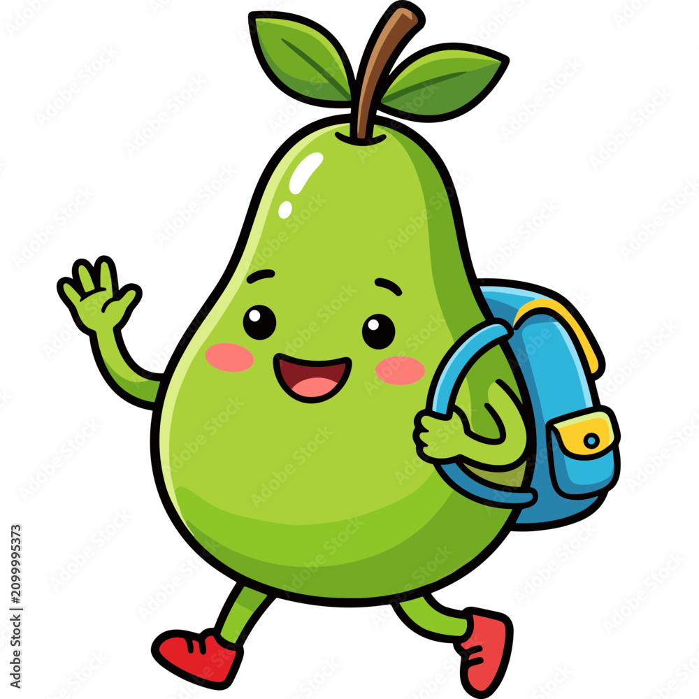Obraz premium A smiling green pear character wearing a backpack walks happily.