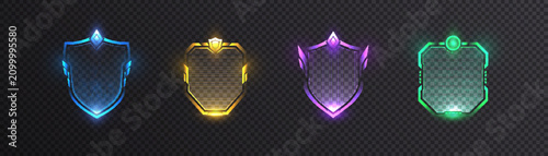 Glowing shield-shaped interface frames for gaming interfaces, achievement badges, security icons, and futuristic control panels, designed for black and dark backgrounds. Vector illustration.