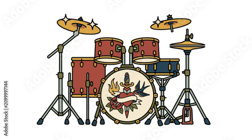 Foto Drum Kit with Tattoo Art Bass Drum: Rock Music and Performance Icon
