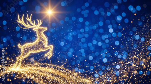 Glittering reindeer silhouette jumping with star on blue background  