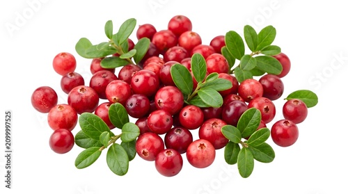 Fresh ripe red lingonberries with green leaves isolated on a white background