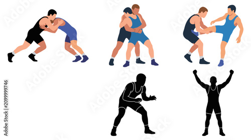 Cuadro en lienzo Set of vector collection featuring different wrestler action poses, takedown mov