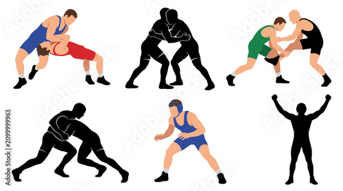 Cuadro en lienzo Set of vector collection featuring different wrestler action poses, takedown mov