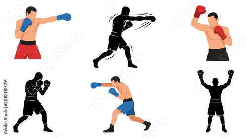 Fotografie Set of vector collection featuring different boxer action poses, throwing jab pu