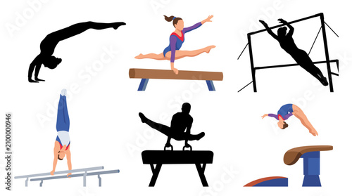 Photos Set of vector collection featuring different gymnast action poses, floor exercis