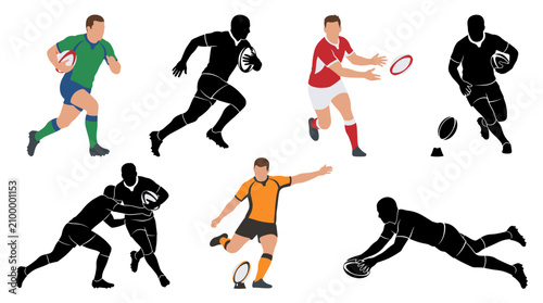 Photos Set of vector collection featuring different rugby player action poses, carrying