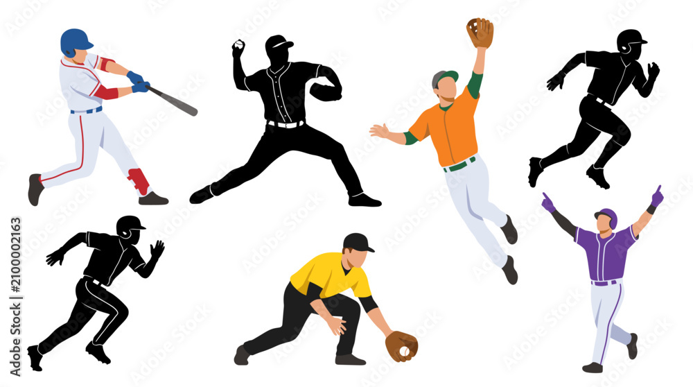 Photography Professional vector collection featuring different baseball player action poses,