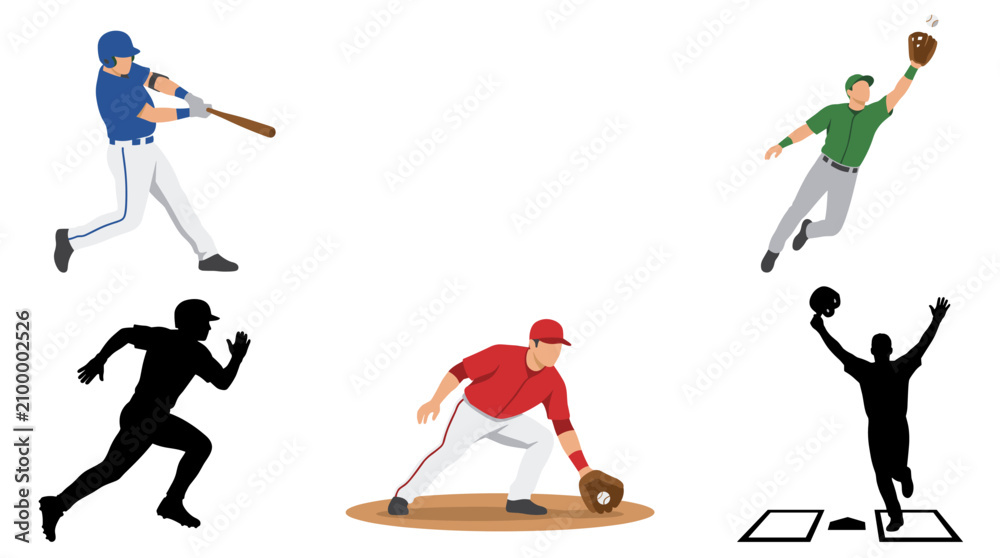 Εκτύπωση καμβά Set of vector collection featuring different baseball player action poses, batti