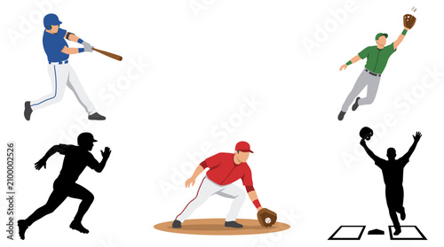 Vászonkép Set of vector collection featuring different baseball player action poses, batti