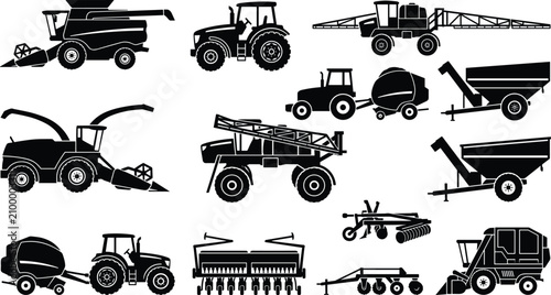 Cuadro en lienzo Agricultural Machinery Silhouette Icons of Farm Equipment and Modern Farming Too