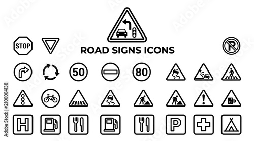 Fotografía A set of black and white outline road sign icons representing various traffic regulations and highway information