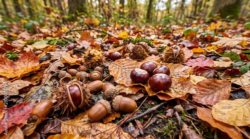 Autumn Forest Floor Covered in Fallen Leaves with Chestnuts and Acorns in Seasonal Setting