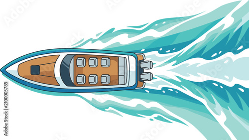 Bild auf Leinwand Top View Speedboat Vector Illustration Cruising on Turquoise Water Waves Creatin