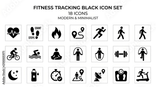Modern Fitness Tracking and Exercise Activity Icon Collection Set.