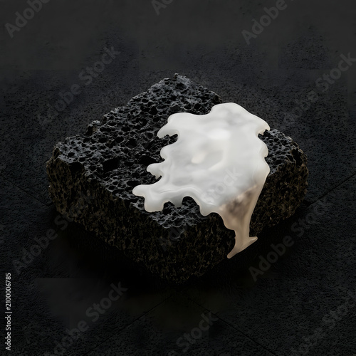 Abstract 3D render of white gel dripping on porous black volcanic stone