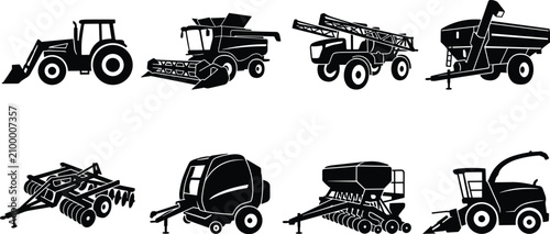 Fotografía Agricultural Machinery Silhouette Icons of Farm Equipment for Planting, Harvesti