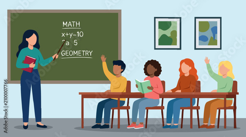Female teacher instructing diverse students in a math classroom