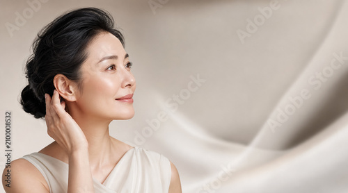 ナチュラルで美しい横顔と艶やかな肌を見せる日本人ミドル女性、美容イメージ