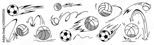 Obraz na płótnie Hand drawn soccer, tennis ball bouncing icons with dynamic motion lines, speed trails