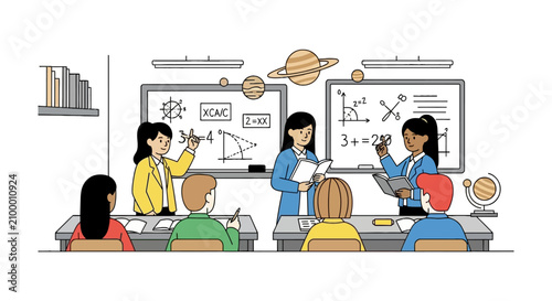Diverse students learning science and math in a modern classroom