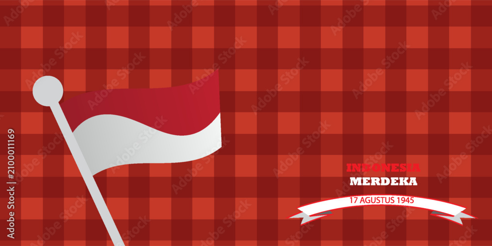 Fototapeta premium Modern Indonesian Independence Day background with waving national flags and red plaid pattern, suitable for posters, banners, and promotional materials.