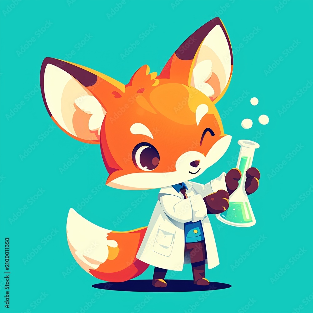 Fototapeta premium Cute fox doctor wearing a white lab coat holding a chemical glass beaker. Cartoon animal scientist doing research with bubbly liquid. Vector illustration for sticker and greeting card.
