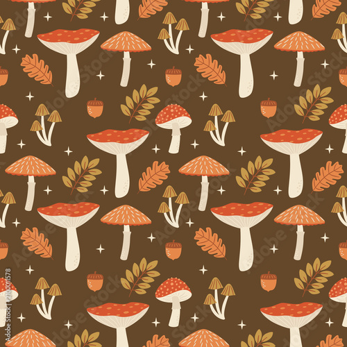Seamless Autumn Mushroom and Leaf Pattern in Warm Earth Tone Colors