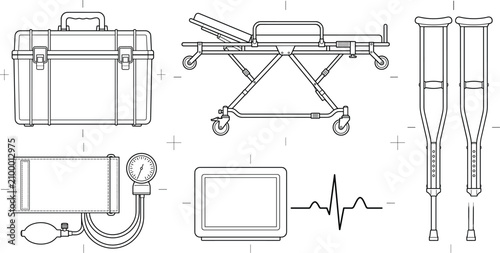 Bild auf Leinwand Set of medical equipment icons including emergency stretcher, blood pressure monitor, crutches, and portable diagnostic case