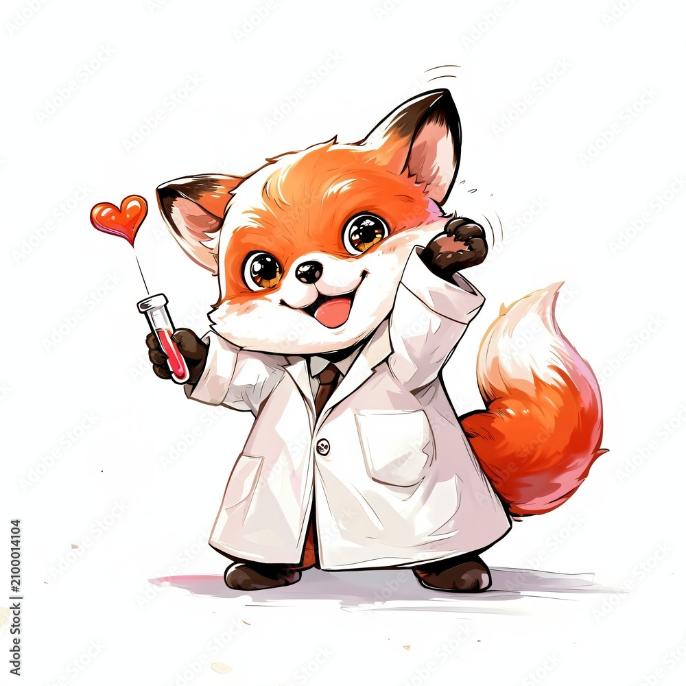 Fototapeta premium Cute fox doctor in white coat holding test tube with heart shape. Cheerful character for pediatric medical banner or children greeting card. Adorable animal illustration for print.