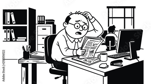 Konstfotografi Man stressed at office desk with computer.