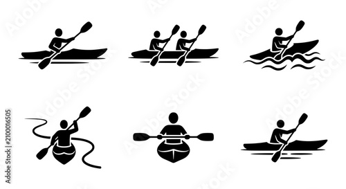 Kayaking icon set, rowing and canoeing pictograms, black water sports vector elements