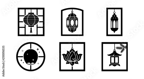 Asian lantern icons set, 6 black oriental lamp vectors, traditional lotus and light icons