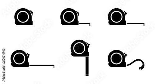 Tape measure icon set, construction measuring tool vector, 6 black ruler silhouettes