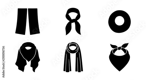 Minimalist scarf icon set, black winter neckwear silhouettes, 6 clothing vector elements