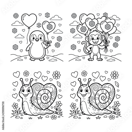 Photography Charming coloring pages for kids penguin monkey and snails with hearts and ballo