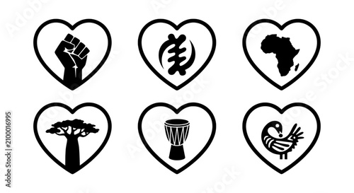 African heritage heart icons, 6 black cultural symbols, ethnic pride vector elements