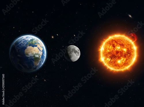 The planet Earth sits alongside the Moon and the glowing golden Sun within the vast dark expanse of outer space as celestial bodies orbit together in a harmonious alignment across the night sky