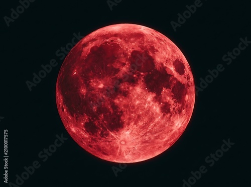 A giant full moon glowing with intense crimson light shines during a total lunar eclipse across the dark night sky while the sphere shows visible craters and rugged terrain in high natural