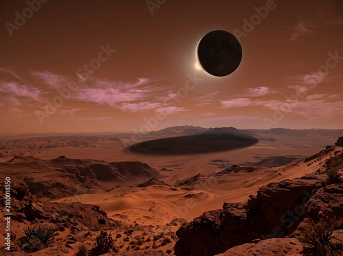 A Rare Total Solar Eclipse Occurs Over A Vast Desert Landscape With Rocky Terrain And Reddish Skies As The Moon Passes Before The Sun Casting A Large Shadow Across The Dusty Dunes Of Another
