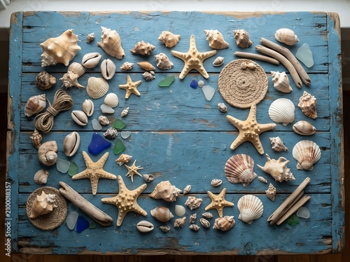 Coastal decor arrangement featuring natural sea shells starfish and pieces of aged drift wood organized on a weathered blue painted wooden crate surface to create a charming maritime themed flat
