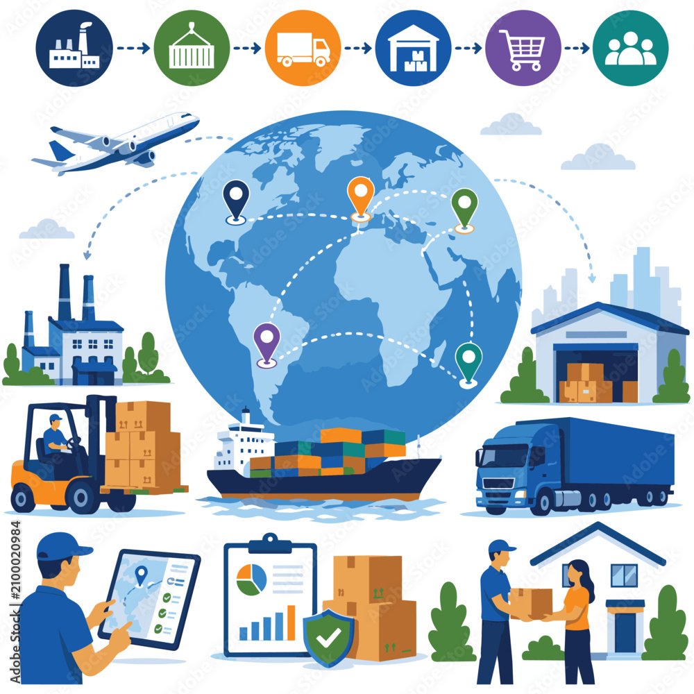 Obraz premium Global Logistics Supply Chain and International Shipping Flat Vector Illustration