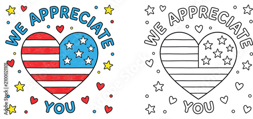 Foto Patriotic We Appreciate You coloring page and color version vector set, featuring heart shape with USA flag, stars, and hearts for Veterans Day, Memorial Day, and July 4th appreciation