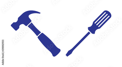 Set of blue hammer and screwdriver construction tools silhouette icons with do it yourself screwdriver construction handyman renovation maintenance hardware silhouette