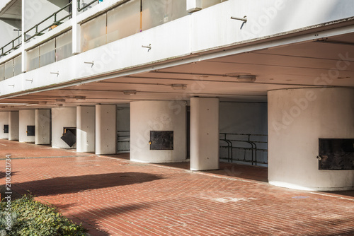Photography Modernist architecture at Maiden Lane Estate in Camden, London, featuring covere