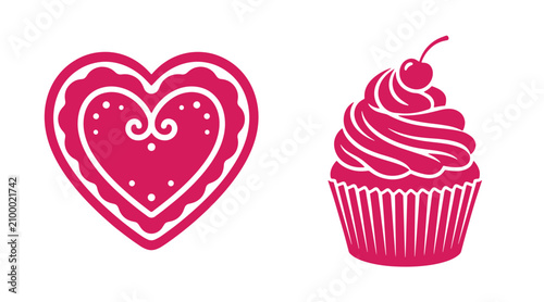 Pink decorative heart cookie and cupcake dessert set with valentines relationship celebration affection