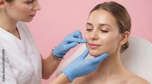Aesthetic doctor examining patient face before cosmetic skin treatment